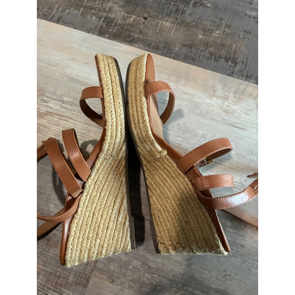 Vionic Womens Tan Brown Leather Espadrille Wedge Sandals Strappy Buckle Heel - Picture 6 of 12
